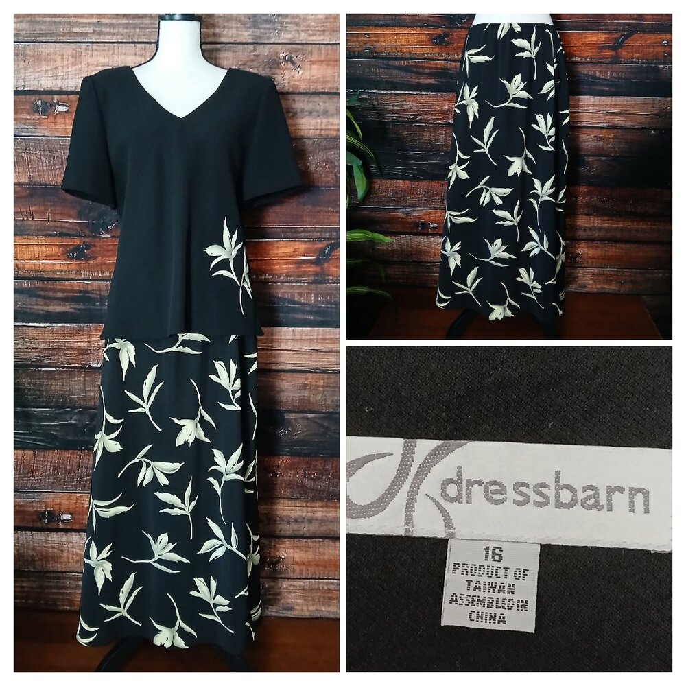 Dressbarn Vintage 90s 16 Two-piece Skirt Set Black Floral Maxi